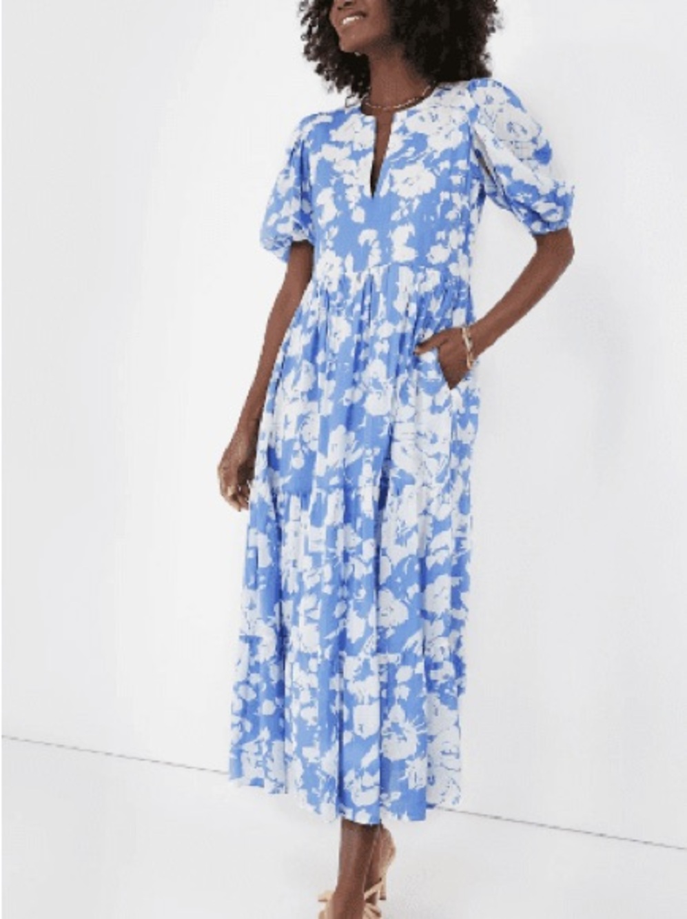 Hyacinth House Blue and White Floral Maxi Dress with Puff Sleeves